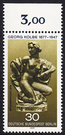 BERLIN 1977 Michel-Nummer 543 postfrisch EINZELMARKE RAND oben (a) - Georg Kolbe, Maler und Bildhauer