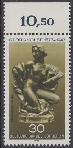 BERLIN 1977 Michel-Nummer 543 postfrisch EINZELMARKE RAND oben (d) - Georg Kolbe, Maler und Bildhauer