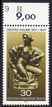 BERLIN 1977 Michel-Nummer 543 postfrisch EINZELMARKE RAND oben (b1) - Georg Kolbe, Maler und Bildhauer