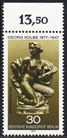 BERLIN 1977 Michel-Nummer 543 postfrisch EINZELMARKE RAND oben (c) - Georg Kolbe, Maler und Bildhauer