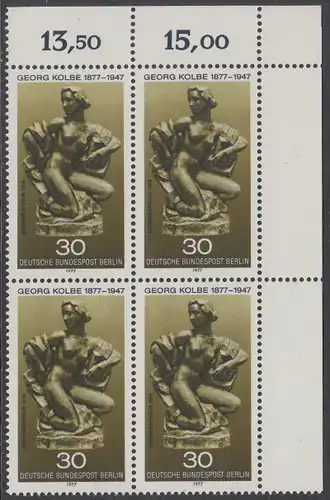 BERLIN 1977 Michel-Nummer 543 postfrisch BLOCK ECKRAND oben rechts - Georg Kolbe, Maler und Bildhauer