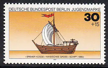 BERLIN 1977 Michel-Nummer 544 postfrisch EINZELMARKE - Deutsche Schiffe: Hansisches Groß-Schiff Bremer Kogge