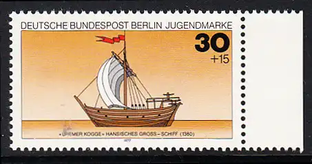 BERLIN 1977 Michel-Nummer 544 postfrisch EINZELMARKE RAND rechts - Deutsche Schiffe: Hansisches Groß-Schiff Bremer Kogge