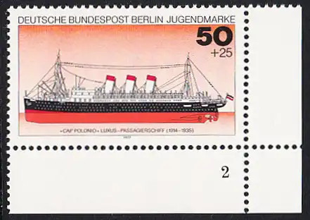 BERLIN 1977 Michel-Nummer 546 postfrisch EINZELMARKE ECKRAND unten rechts (FN) - Deutsche Schiffe: Luxus-Paasagierschiff Cap Polonio 