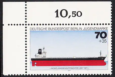 BERLIN 1977 Michel-Nummer 547 postfrisch EINZELMARKE ECKRAND oben links - Deutsche Schiffe: Massengutfrachter Widar