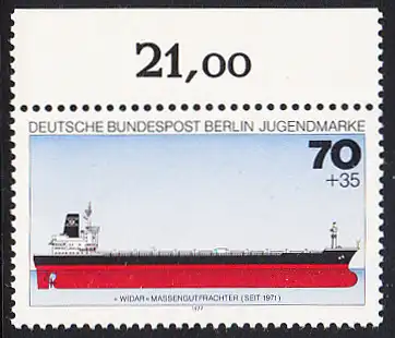 BERLIN 1977 Michel-Nummer 547 postfrisch EINZELMARKE RAND oben - Deutsche Schiffe: Massengutfrachter Widar