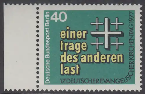 BERLIN 1977 Michel-Nummer 548 postfrisch EINZELMARKE RAND links (a) - Deutscher Evangelischer Kirchentag, Berlin