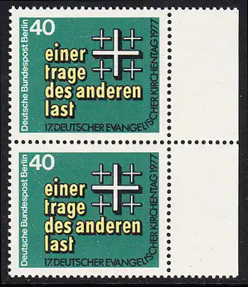 BERLIN 1977 Michel-Nummer 548 postfrisch vert.PAAR RAND rechts - Deutscher Evangelischer Kirchentag, Berlin