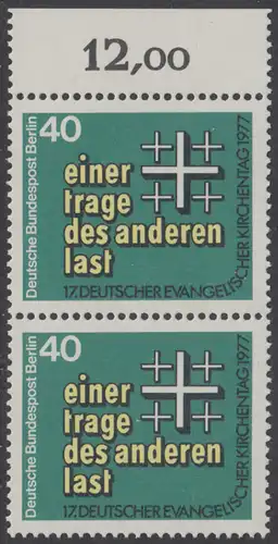 BERLIN 1977 Michel-Nummer 548 postfrisch vert.PAAR RAND oben - Deutscher Evangelischer Kirchentag, Berlin
