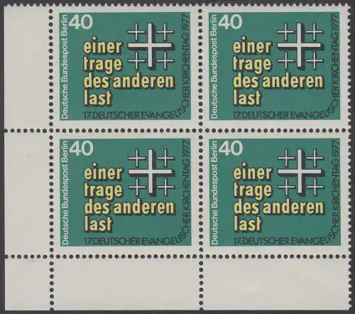 BERLIN 1977 Michel-Nummer 548 postfrisch BLOCK ECKRAND unten links - Deutscher Evangelischer Kirchentag, Berlin