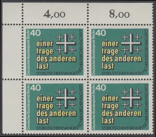 BERLIN 1977 Michel-Nummer 548 postfrisch BLOCK ECKRAND oben links - Deutscher Evangelischer Kirchentag, Berlin