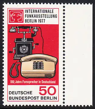 BERLIN 1977 Michel-Nummer 549 postfrisch EINZELMARKE RAND rechts - Internationale Funkausstellung / 100 Jahre Telefon in Deutschland