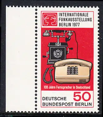BERLIN 1977 Michel-Nummer 549 postfrisch EINZELMARKE RAND links - Internationale Funkausstellung / 100 Jahre Telefon in Deutschland