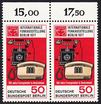 BERLIN 1977 Michel-Nummer 549 postfrisch horiz.PAAR RAND oben - Internationale Funkausstellung / 100 Jahre Telefon in Deutschland