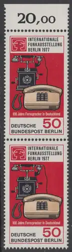 BERLIN 1977 Michel-Nummer 549 postfrisch vert.PAAR RAND oben - Internationale Funkausstellung / 100 Jahre Telefon in Deutschland