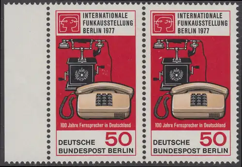 BERLIN 1977 Michel-Nummer 549 postfrisch horiz.PAAR RAND links - Internationale Funkausstellung / 100 Jahre Telefon in Deutschland