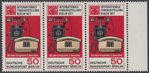 BERLIN 1977 Michel-Nummer 549 postfrisch horiz.STRIP(3) RAND rechts - Internationale Funkausstellung / 100 Jahre Telefon in Deutschland