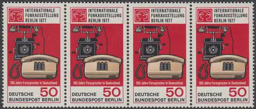 BERLIN 1977 Michel-Nummer 549 postfrisch horiz.STRIP(4) - Internationale Funkausstellung / 100 Jahre Telefon in Deutschland