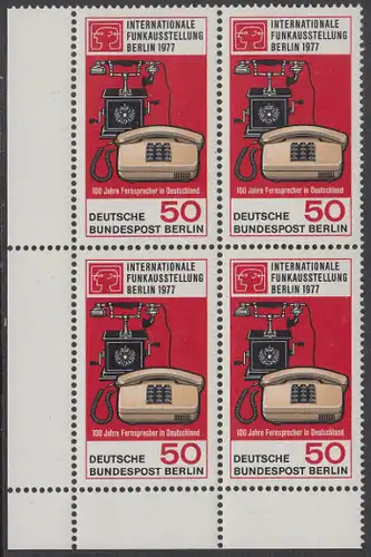BERLIN 1977 Michel-Nummer 549 postfrisch BLOCK ECKRAND unten links - Internationale Funkausstellung / 100 Jahre Telefon in Deutschland