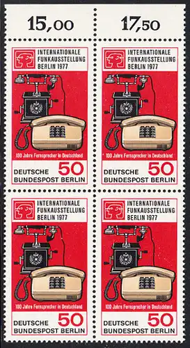 BERLIN 1977 Michel-Nummer 549 postfrisch BLOCK RÄNDER oben (a03) - Internationale Funkausstellung / 100 Jahre Telefon in Deutschland