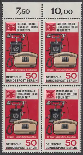 BERLIN 1977 Michel-Nummer 549 postfrisch BLOCK RÄNDER oben (a01) - Internationale Funkausstellung / 100 Jahre Telefon in Deutschland