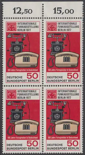 BERLIN 1977 Michel-Nummer 549 postfrisch BLOCK RÄNDER oben (a02) - Internationale Funkausstellung / 100 Jahre Telefon in Deutschland