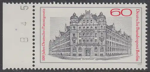 BERLIN 1977 Michel-Nummer 550 postfrisch EINZELMARKE RAND links (BZ/b) - Deutsches Patentgesetz