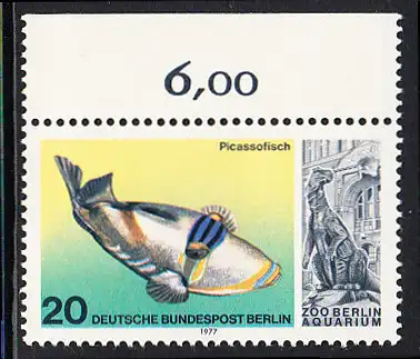 BERLIN 1977 Michel-Nummer 552 postfrisch EINZELMARKE RAND oben (b) - Wiedereröffnung des Aquariums im Berliner Zoo: Picassofisch