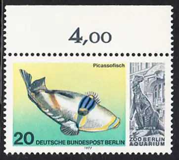 BERLIN 1977 Michel-Nummer 552 postfrisch EINZELMARKE RAND oben (a) - Wiedereröffnung des Aquariums im Berliner Zoo: Picassofisch