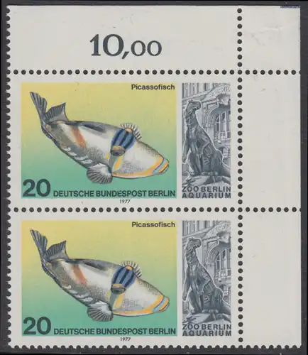 BERLIN 1977 Michel-Nummer 552 postfrisch vert.PAAR ECKRAND oben rechts - Wiedereröffnung des Aquariums im Berliner Zoo: Picassofisch