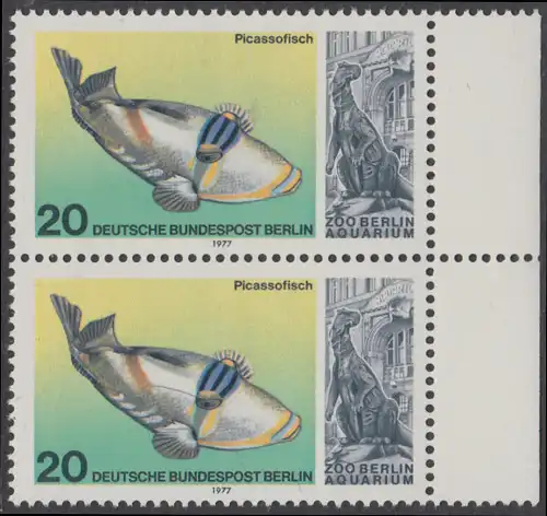 BERLIN 1977 Michel-Nummer 552 postfrisch vert.PAAR RAND rechts - Wiedereröffnung des Aquariums im Berliner Zoo: Picassofisch