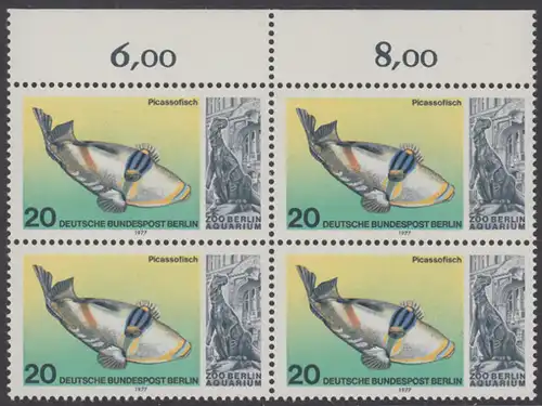 BERLIN 1977 Michel-Nummer 552 postfrisch BLOCK RÄNDER oben - Wiedereröffnung des Aquariums im Berliner Zoo: Picassofisch