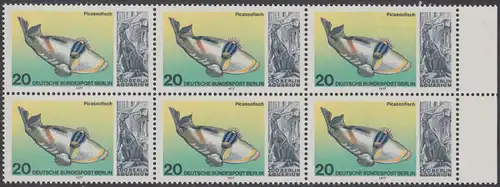 BERLIN 1977 Michel-Nummer 552 postfrisch horiz.BLOCK(6) RÄNDER rechts - Wiedereröffnung des Aquariums im Berliner Zoo: Picassofisch