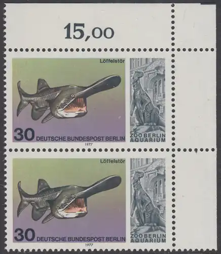 BERLIN 1977 Michel-Nummer 553 postfrisch vert.PAAR ECKRAND oben rechts - Wiedereröffnung des Aquariums im Berliner Zoo: Löffelstör