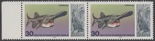 BERLIN 1977 Michel-Nummer 553 postfrisch horiz.PAAR RAND links - Wiedereröffnung des Aquariums im Berliner Zoo: Löffelstör
