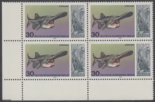 BERLIN 1977 Michel-Nummer 553 postfrisch BLOCK ECKRAND unten links - Wiedereröffnung des Aquariums im Berliner Zoo: Löffelstör