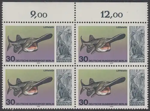 BERLIN 1977 Michel-Nummer 553 postfrisch BLOCK RÄNDER oben - Wiedereröffnung des Aquariums im Berliner Zoo: Löffelstör