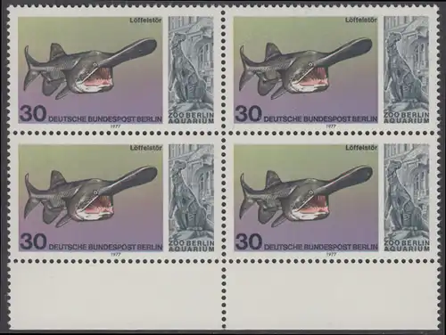 BERLIN 1977 Michel-Nummer 553 postfrisch BLOCK RÄNDER unten - Wiedereröffnung des Aquariums im Berliner Zoo: Löffelstör