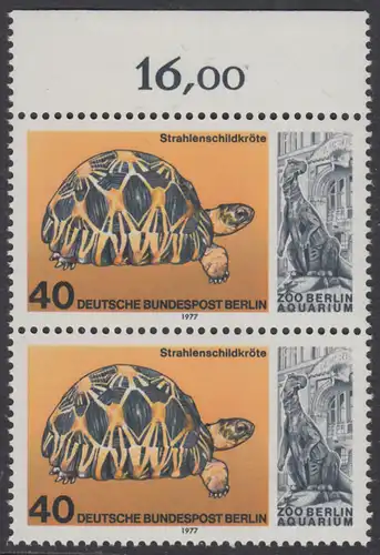 BERLIN 1977 Michel-Nummer 554 postfrisch vert.PAAR RAND oben - Wiedereröffnung des Aquariums im Berliner Zoo: Strahlenschildkröte