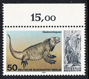 BERLIN 1977 Michel-Nummer 555 postfrisch EINZELMARKE RAND oben - Wiedereröffnung des Aquariums im Berliner Zoo: Nashornleguan