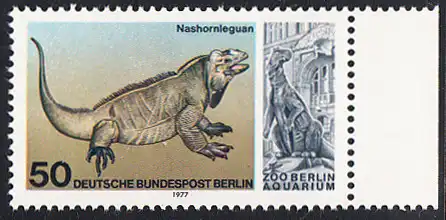 BERLIN 1977 Michel-Nummer 555 postfrisch EINZELMARKE RAND rechts - Wiedereröffnung des Aquariums im Berliner Zoo: Nashornleguan