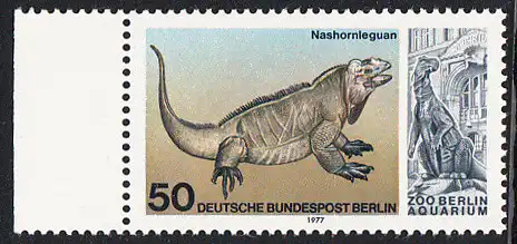 BERLIN 1977 Michel-Nummer 555 postfrisch EINZELMARKE RAND links - Wiedereröffnung des Aquariums im Berliner Zoo: Nashornleguan
