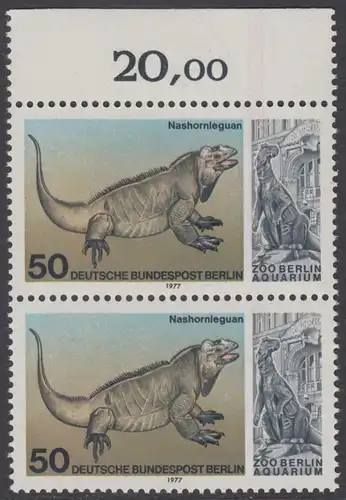 BERLIN 1977 Michel-Nummer 555 postfrisch vert.PAAR RAND oben - Wiedereröffnung des Aquariums im Berliner Zoo: Nashornleguan
