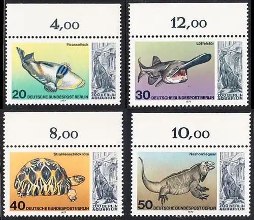 BERLIN 1977 Michel-Nummer 552-555 postfrisch SATZ(4) EINZELMARKEN RÄNDER oben (b) - Wiedereröffnung des Aquariums im Berliner Zoo