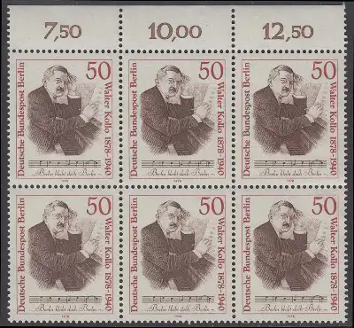 BERLIN 1978 Michel-Nummer 561 postfrisch horiz.BLOCK(6) RÄNDER oben - Walter Kollo, Operettenkomponist