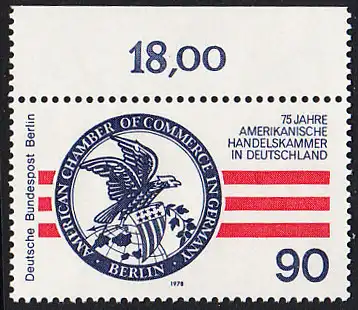 BERLIN 1978 Michel-Nummer 562 postfrisch EINZELMARKE RAND oben - Amerikanische Handelskammer in Deutschland