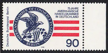 BERLIN 1978 Michel-Nummer 562 postfrisch EINZELMARKE RAND rechts - Amerikanische Handelskammer in Deutschland