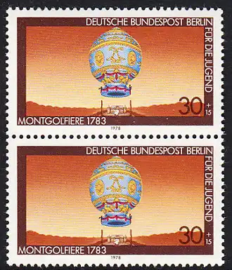BERLIN 1978 Michel-Nummer 563 postfrisch vert.PAAR - Luftfahrt: Montgolfiere