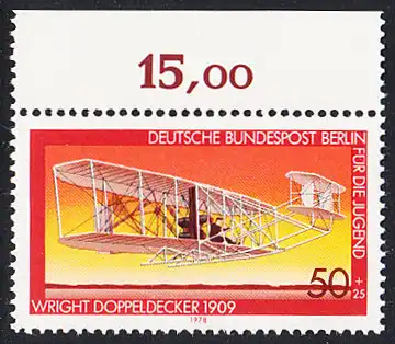 BERLIN 1978 Michel-Nummer 565 postfrisch EINZELMARKE - Luftfahrt: Wright-Doppeldecker