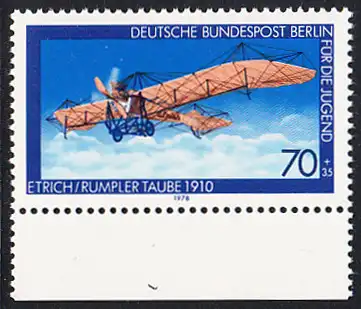 BERLIN 1978 Michel-Nummer 566 postfrisch EINZELMARKE RAND unten - Luftfahrt: Etrich/Rumpler-Taube